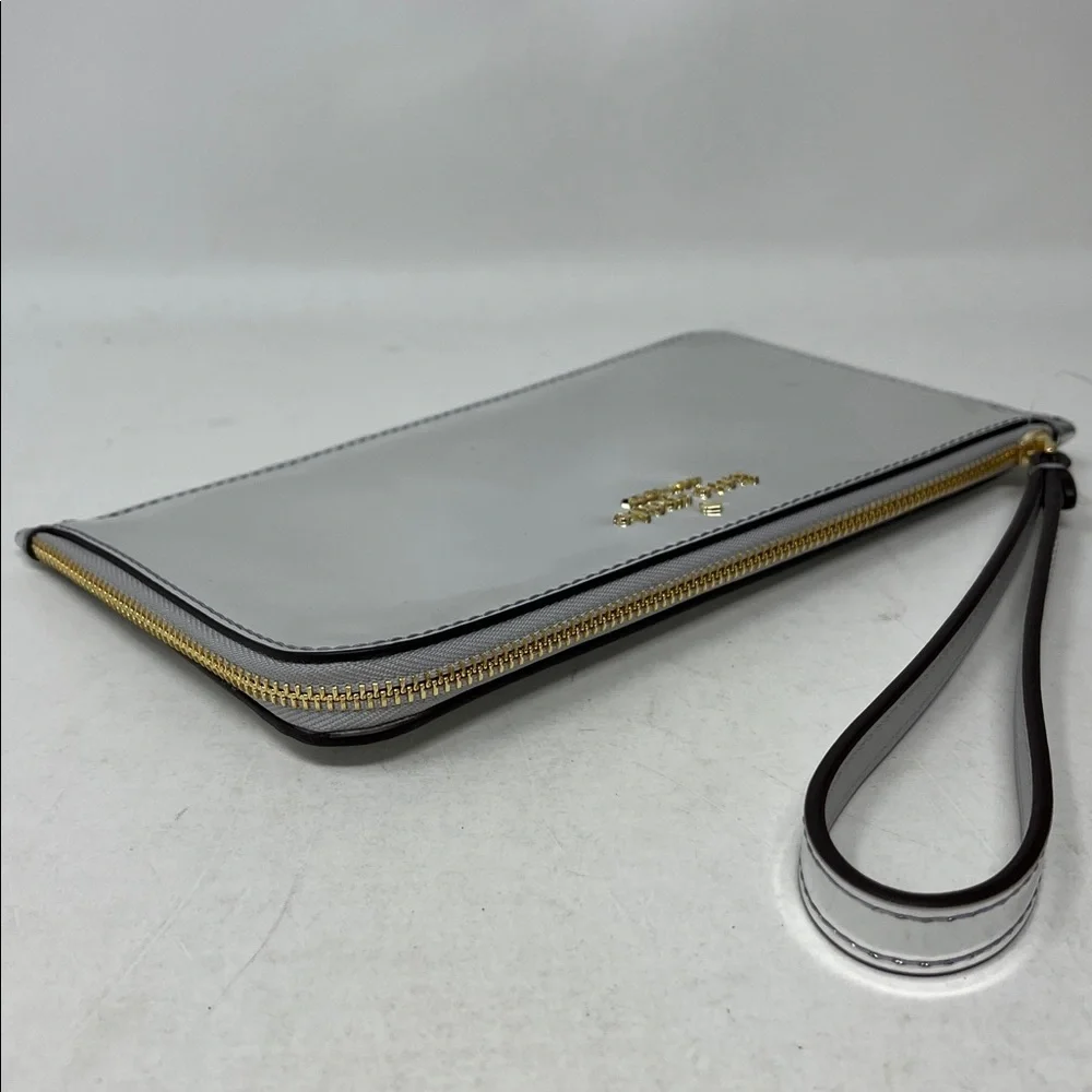 KATE SPADE NEW YORK LUCY MED L ZIP WALLET WRISTLET SILVER MIRROR METALLIC NWT